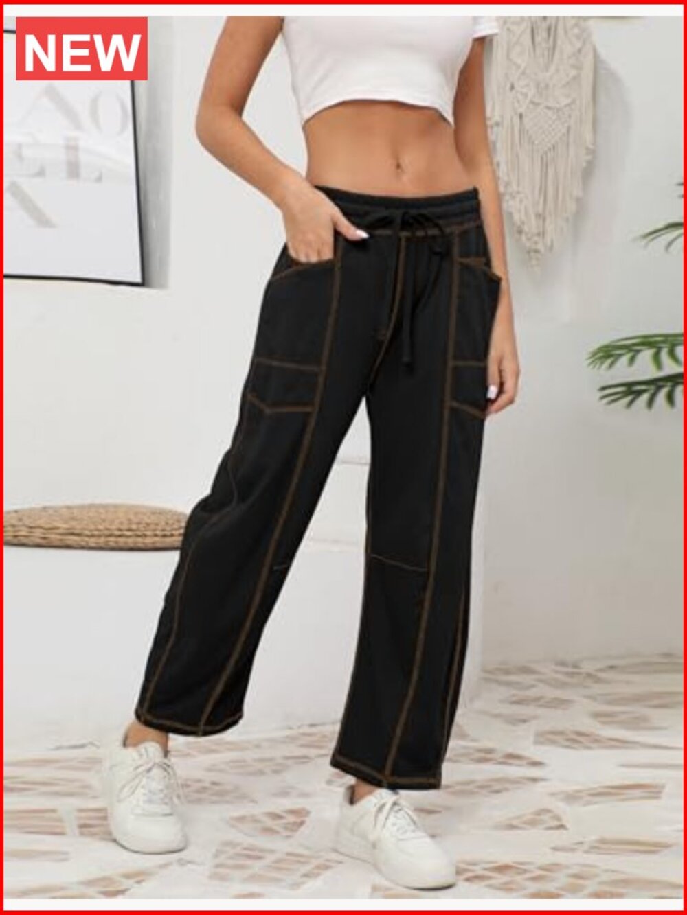 Womens Baggy Barrel Pants Wide Leg Lounge Drawstring Sweatpants with Pockets - Picture 4 of 7